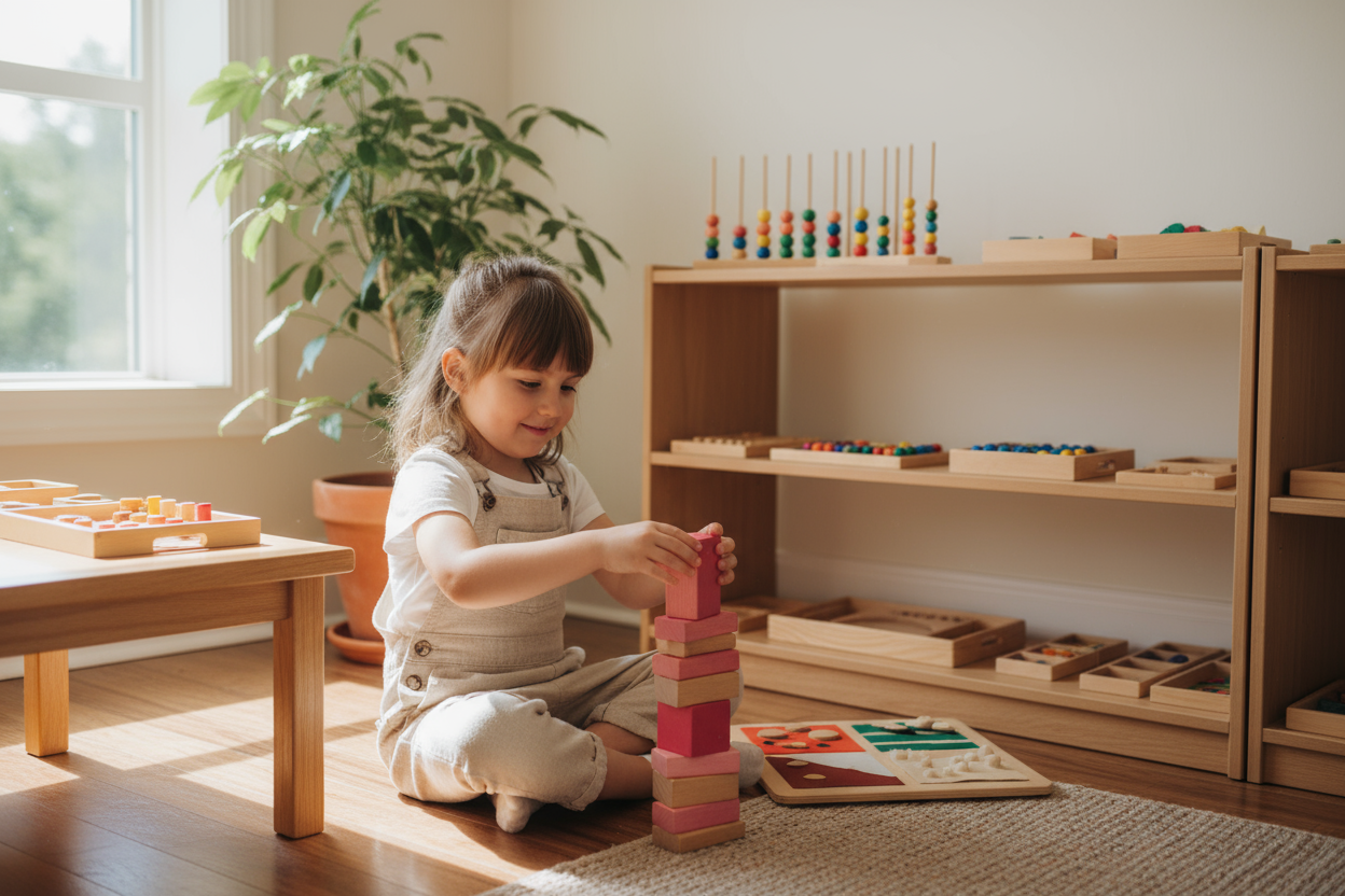 little girl learning by monsessori